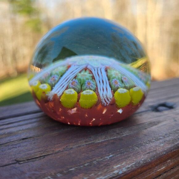 STRATHEARN Art Glass Scotland Millefiori Spoke Latticino Paperweight Red Yellow - Picture 2 of 7
